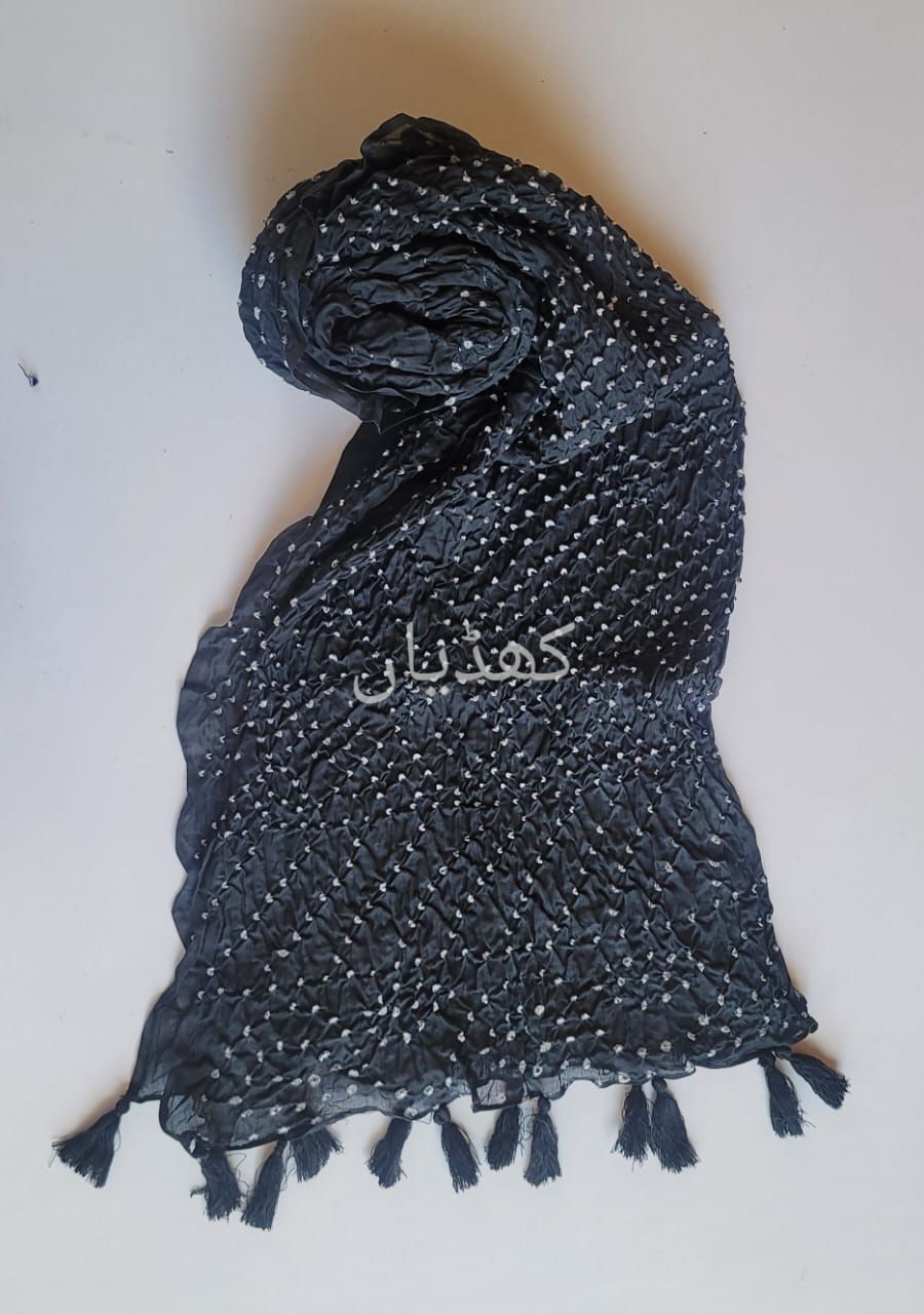 Black Hand-Knotted Chunri Dupatta Pure Lawn Fabric